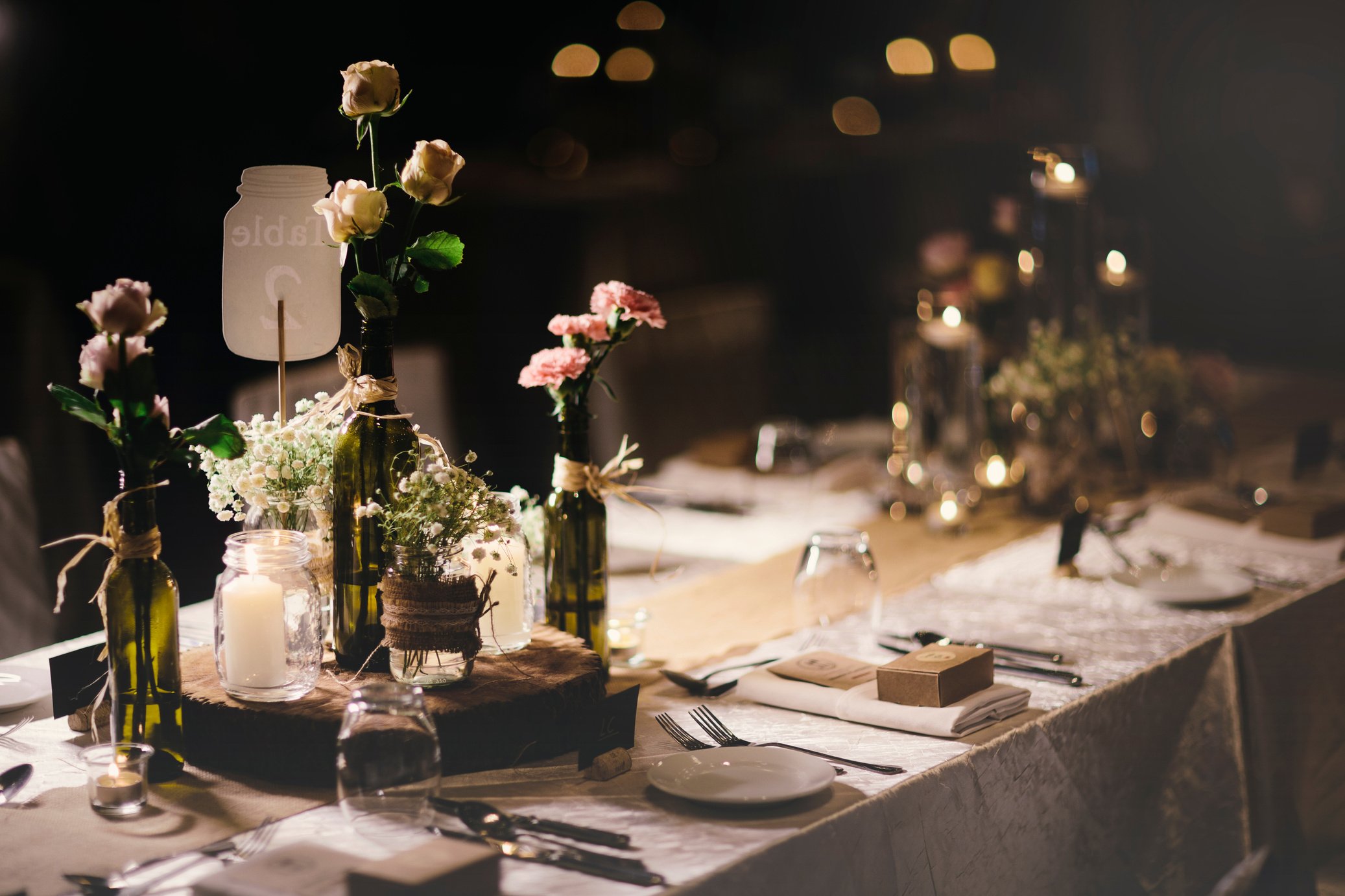 wedding decor on wedding guest table