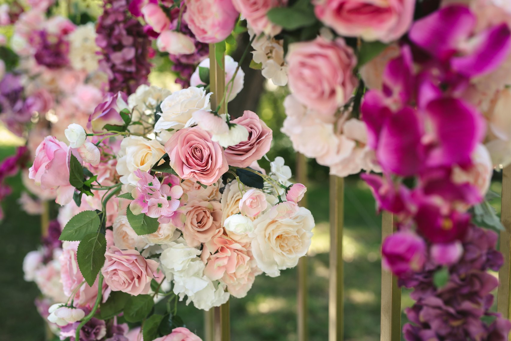 Details. Wedding Ceremony in the Open Air of Fresh Flowers, with Candles. Gentle and Beautiful Wedding Decor for Newlyweds